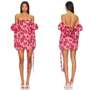 🍋 For Love & Lemons Huda Mini Dress Large Detachable Gloves Rose Satin NWT $279